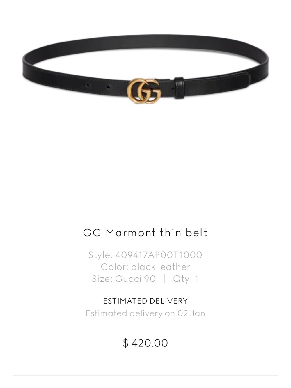 Gucci Thin Leather Belt with Gold Double G Buckle — Black